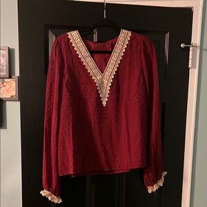 NWT Elegant Burgundy Lace-Trimmed Women's Top L